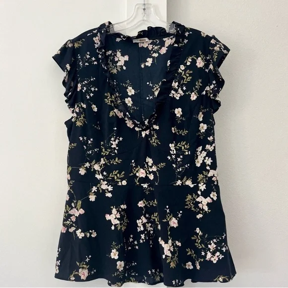 Tome NYC Lilian Navy Floral Flutter Sleeve V Neck Top Blouse - Picture 4 of 9